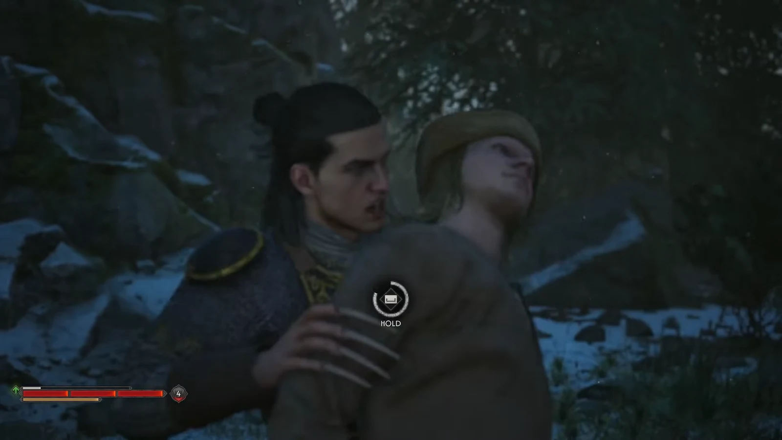On-screen HOLD prompt with a controller button icon during the feeding struggle