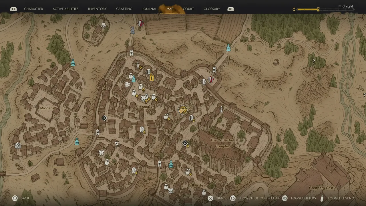 The city map screen open on the Map tab, showing Svartrau City streets and markers