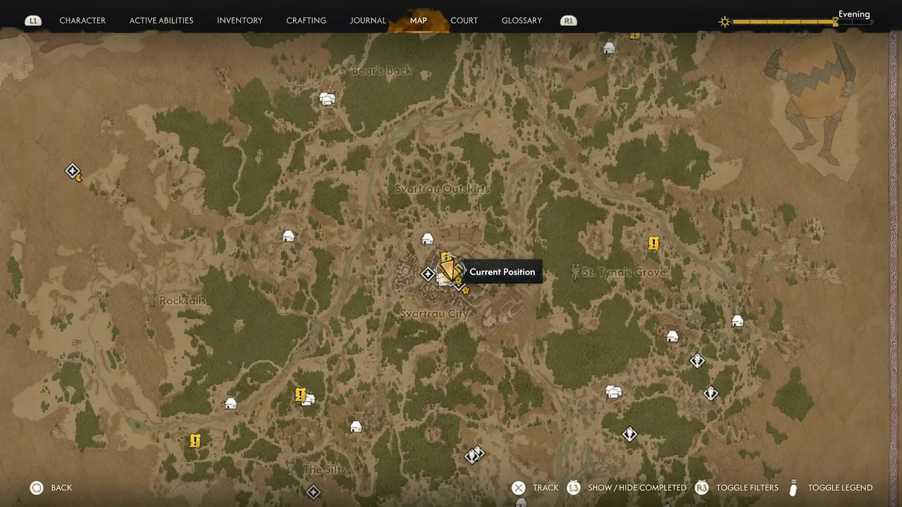 Map screen with the Current Position marker highlighted while tracking Vicho through Svartrau