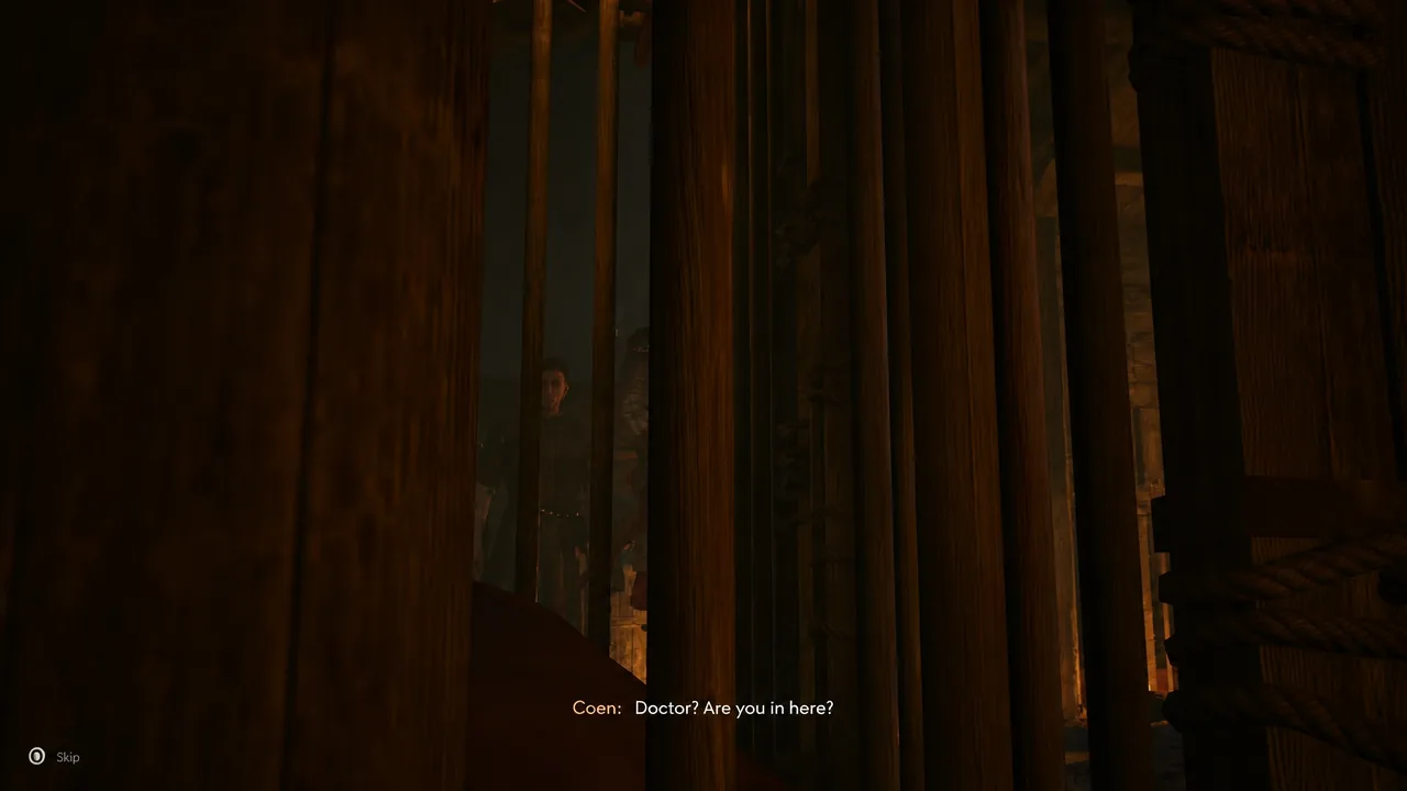 Cutscene of Coen calling out to the doctor from behind wooden beams inside the warehouse
