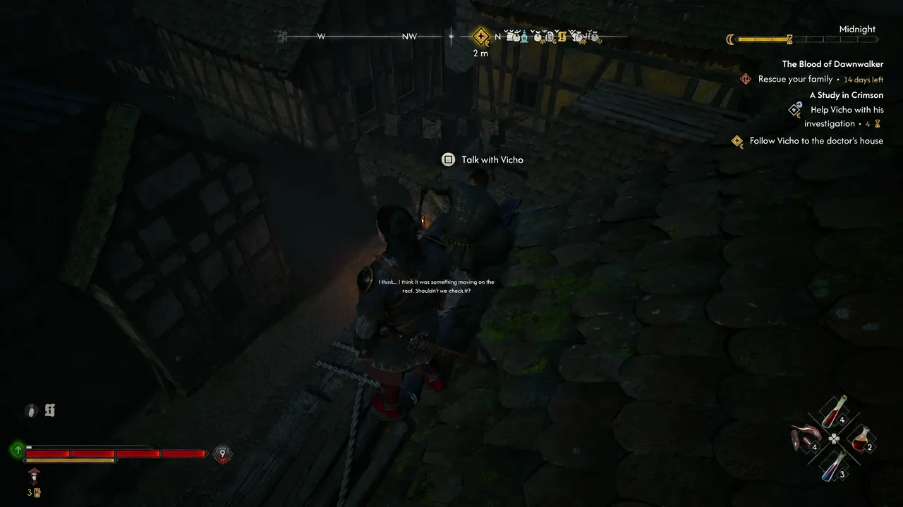 Gameplay screen showing the square-button Talk with Vicho interaction prompt
