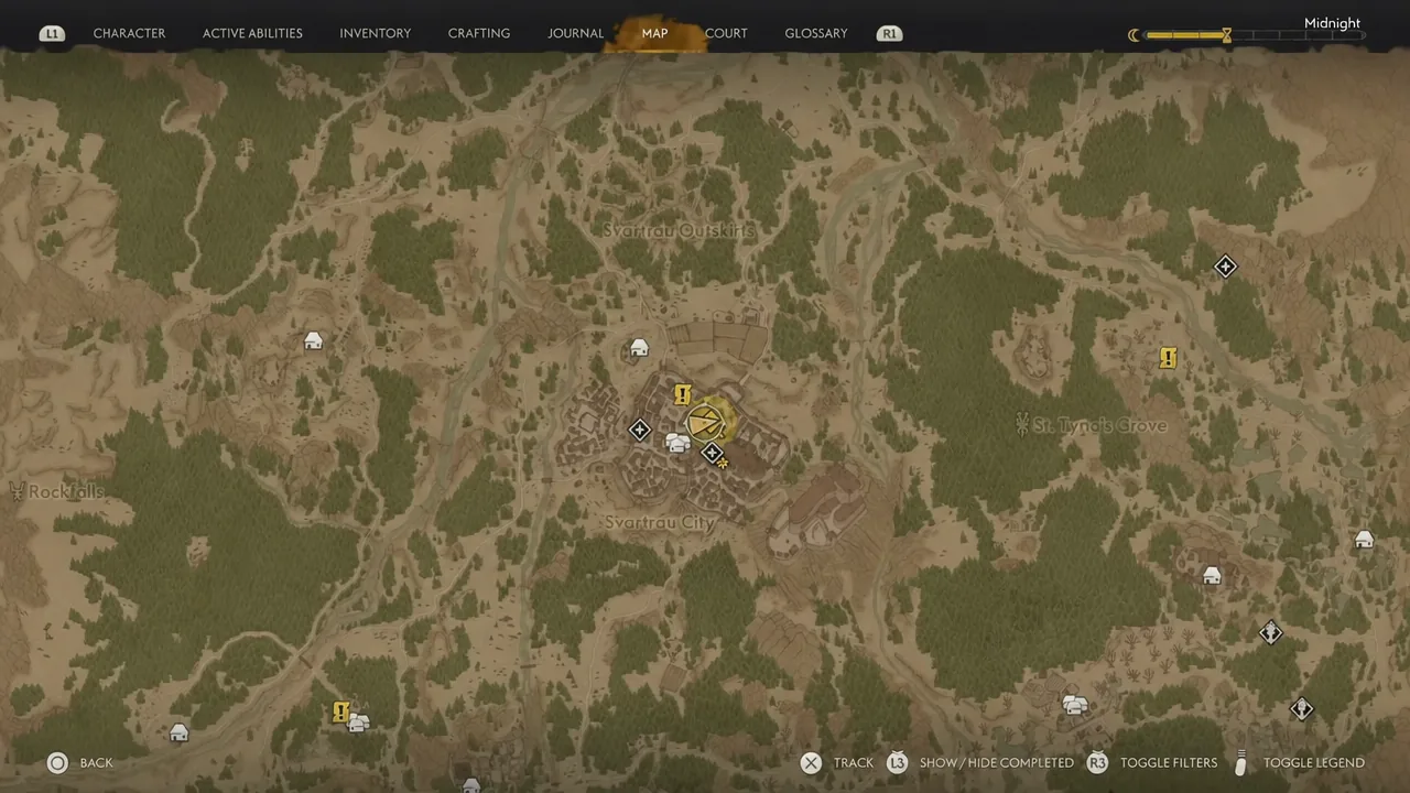 Map screen with the yellow quest marker for Vicho's Emporium highlighted in Svartrau City