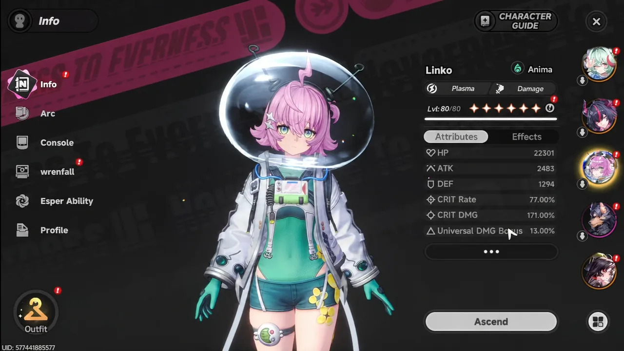 Linko's Attributes tab showing her HP, ATK, CRIT Rate and CRIT DMG at level 80