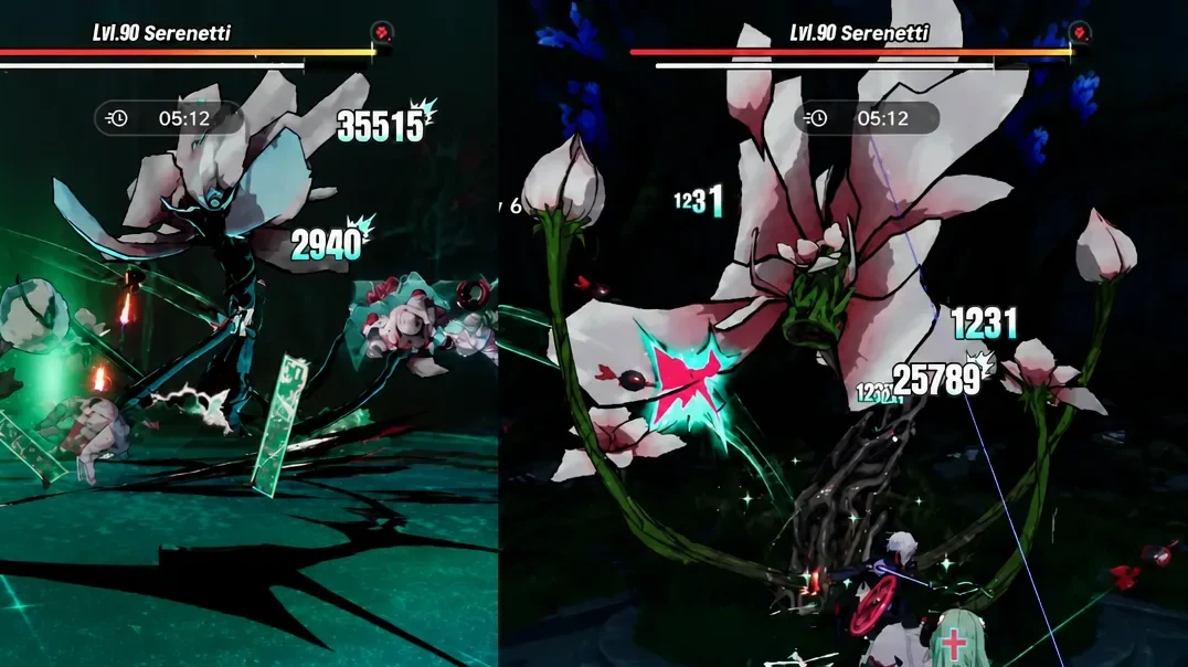 Lvl 90 Serenetti taking hits with damage numbers and a run timer visible on screen