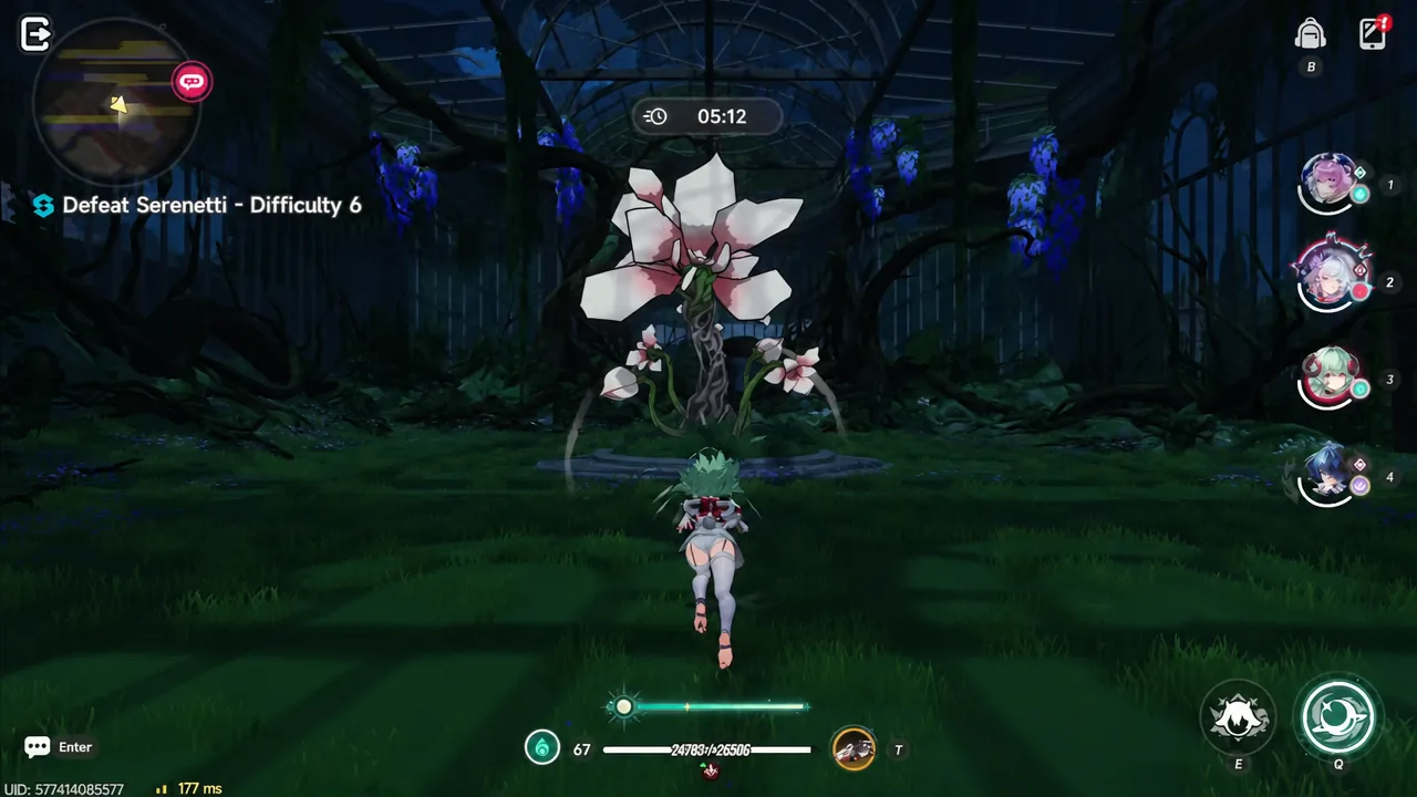 Combat objective reading Defeat Serenetti Difficulty 6 as the player approaches the flower boss