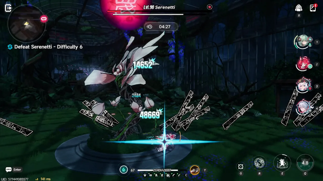 Player attacking the Serenetti boss during the Difficulty 6 commission run