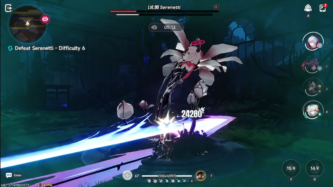 Damage number of 24280 popping off the Serenetti boss during a Difficulty 6 run