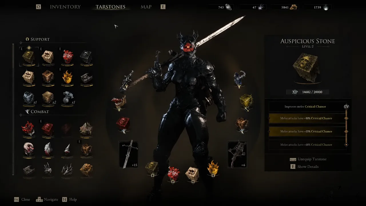 Tarstones menu showing a stone's level and its melee critical chance bonus