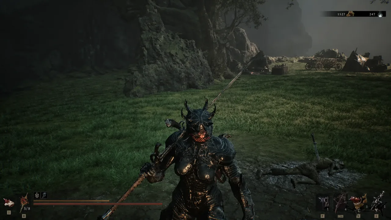 Armored Harbinger holding a sword after clearing out enemies in the ruined approach to the Abbey