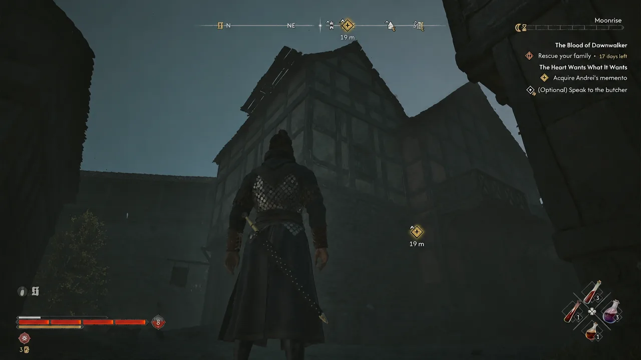 Quest tracker showing the Acquire Andrei's memento objective with a distance marker