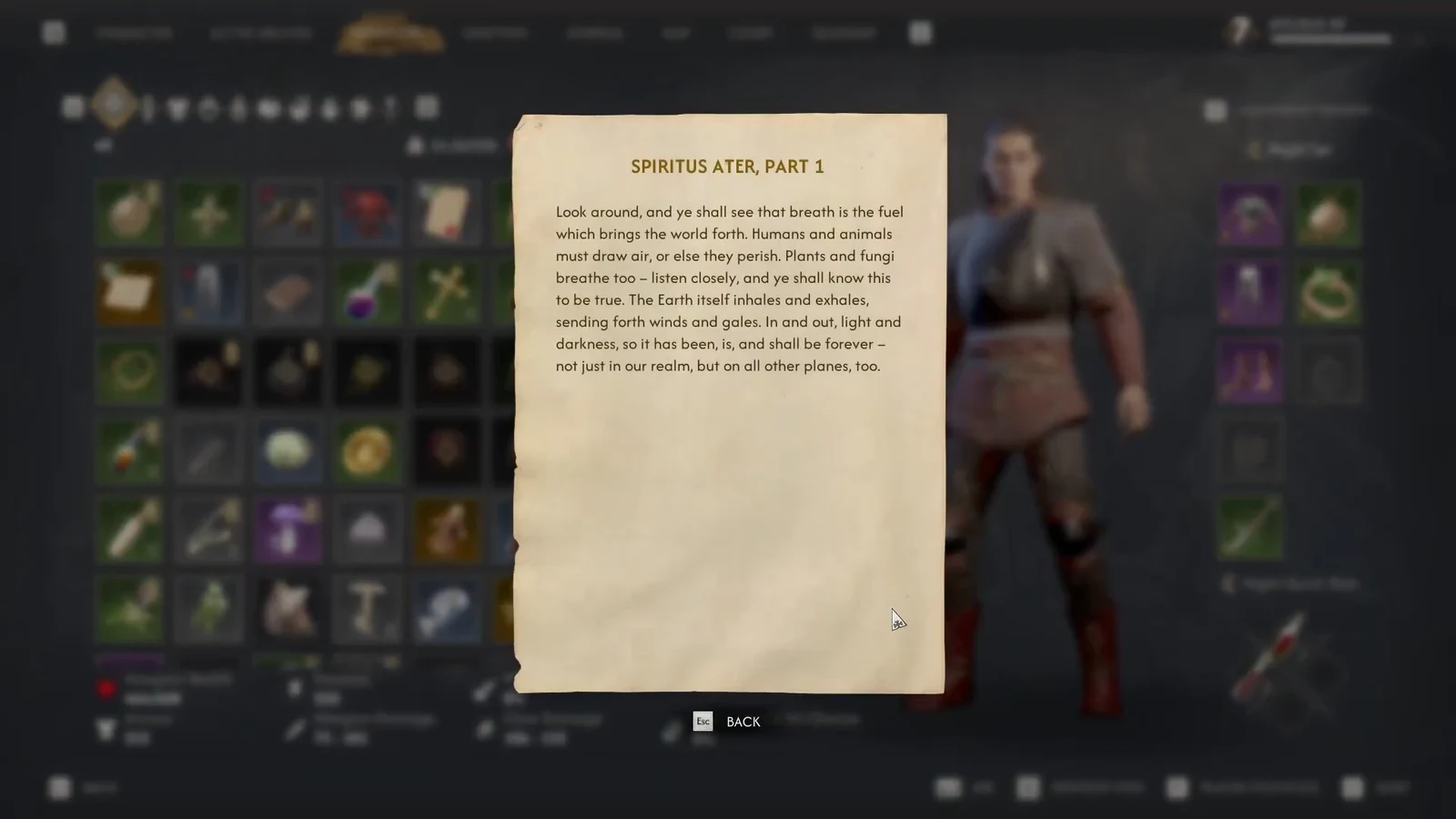 The Spiritus Ater, Part 1 lore note opened from the inventory screen