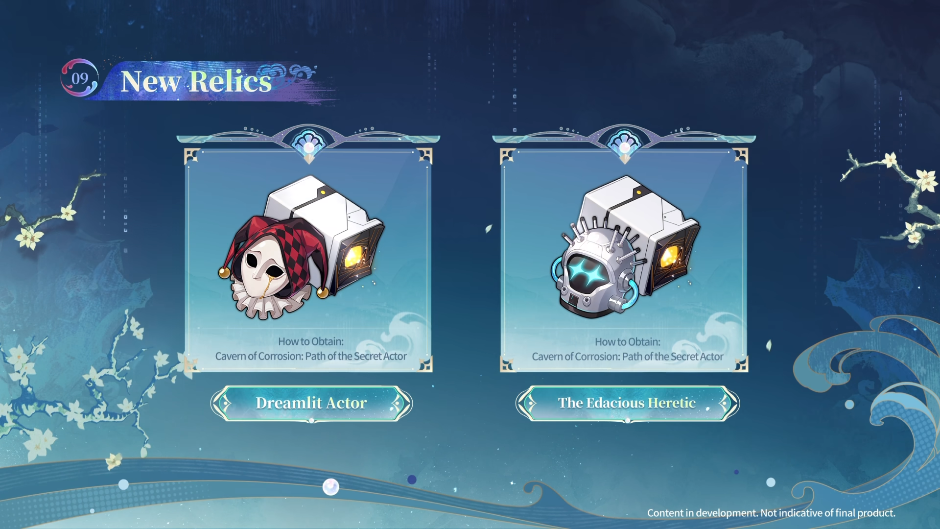 Version details slide showing the two new relic sets Dreamlit Actor and The Edacious Heretic