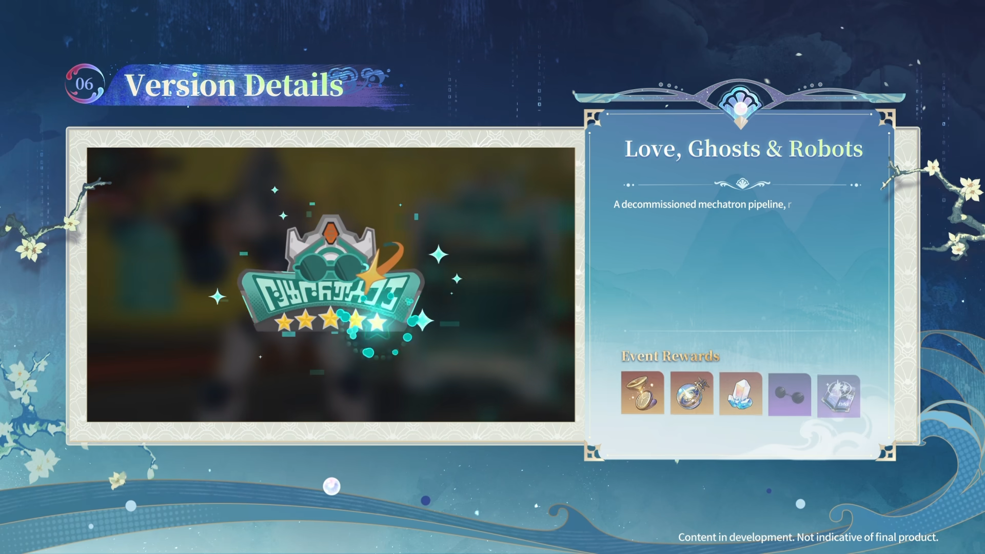 Version details slide for the Love, Ghosts and Robots management event with factory UI and reward icons