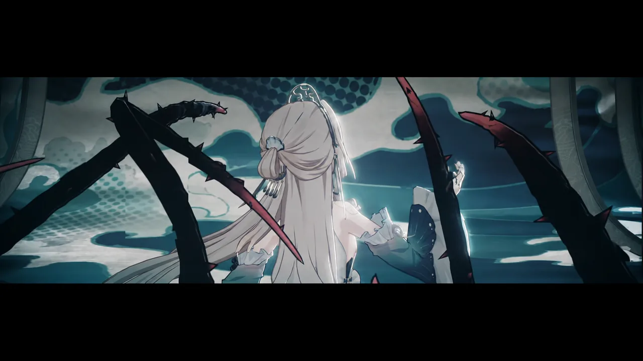 A glowing-eyed figure wields a spear-like staff amid cosmic rifts in the Version 4.6 cinematic