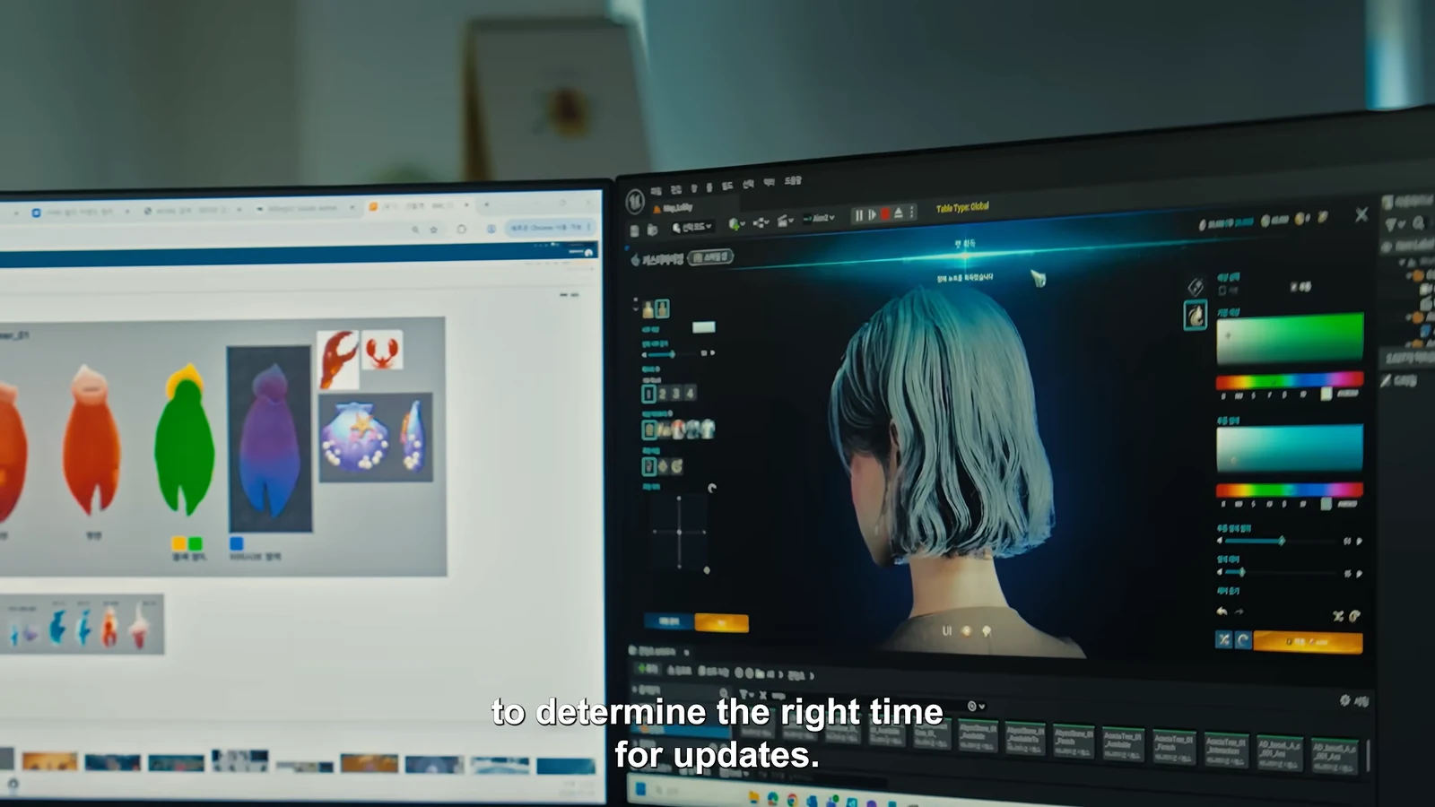 A character customization interface displays a silver-haired avatar alongside color palettes and appearance controls on a desktop monitor.