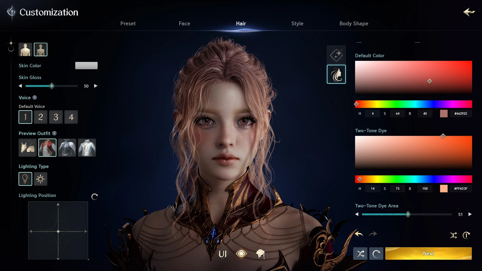The character customization menu displays a female character portrait alongside controls for skin, hair, face, and color settings.