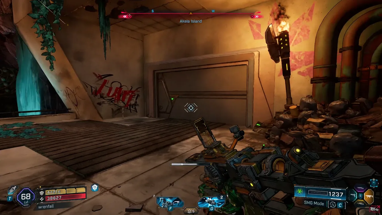 Player aiming at the closed sliding gate partway through the Akela Island cave