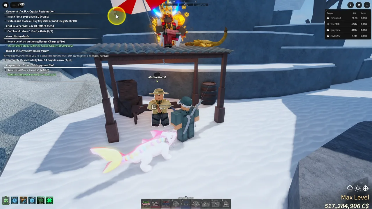 Talk prompt highlighted above the Meteorologist NPC before trading a gem for a Sky Crystal