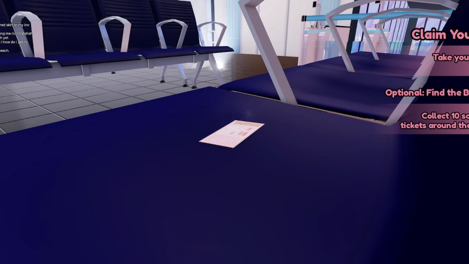 Pink ticket resting on a purple airport seat as the player walks toward it