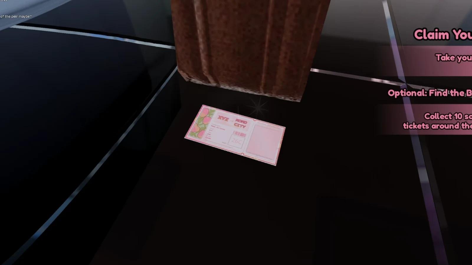 Pink boarding ticket on the floor beside a brown suitcase with the collect objective on screen