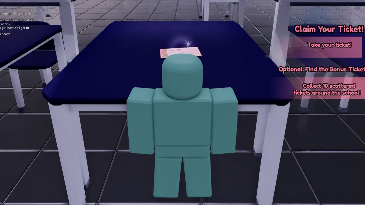Claim Your Ticket objective prompt as the player approaches a ticket on a table
