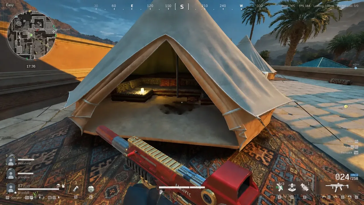 Open rooftop tent centered on screen as the player inspects it with weapon drawn