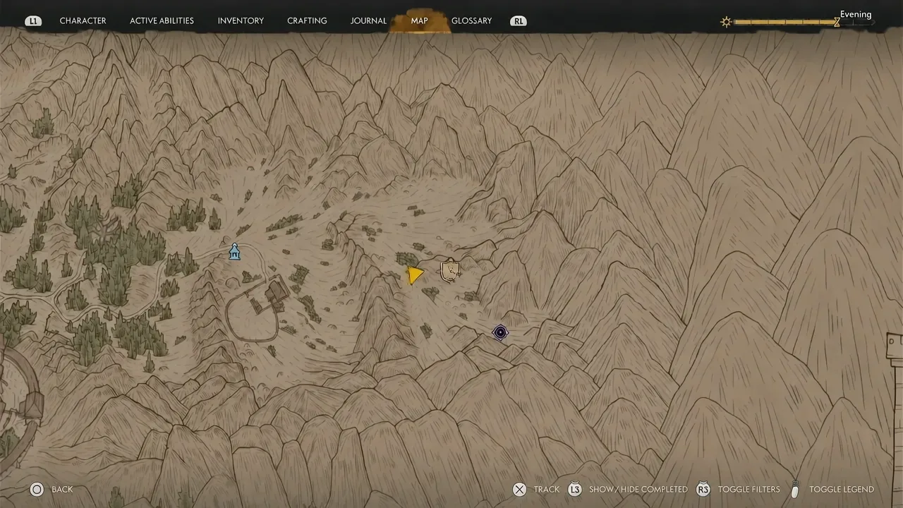 World map open in The Blood of Dawnwalker with a yellow objective marker selected