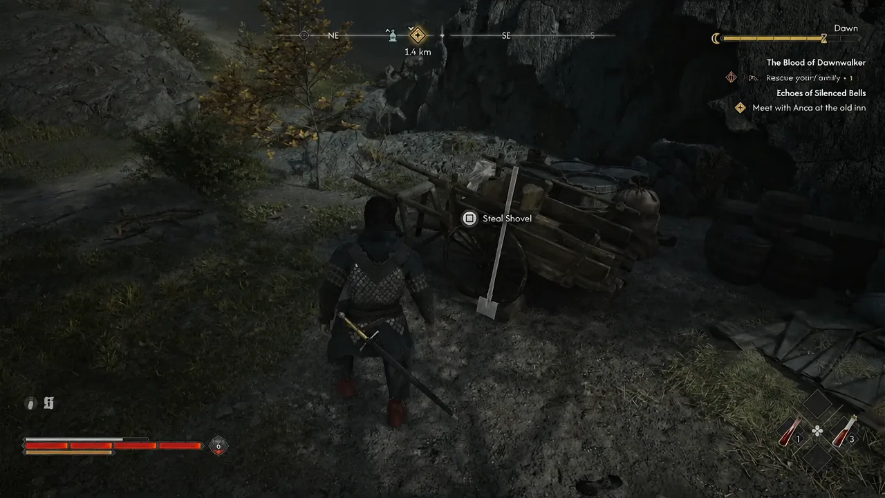 Steal Shovel prompt shown on a cart before digging up buried treasure