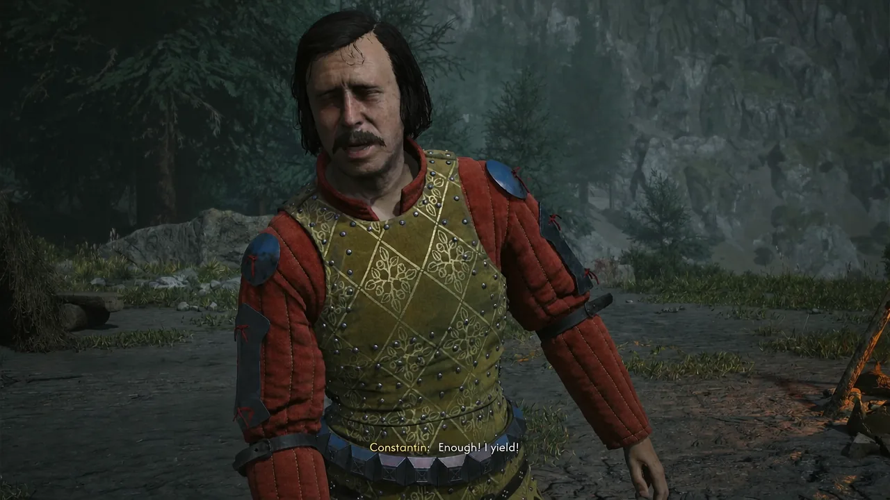 Dialogue scene with the subtitle Enough! I yield! during a bandit fight