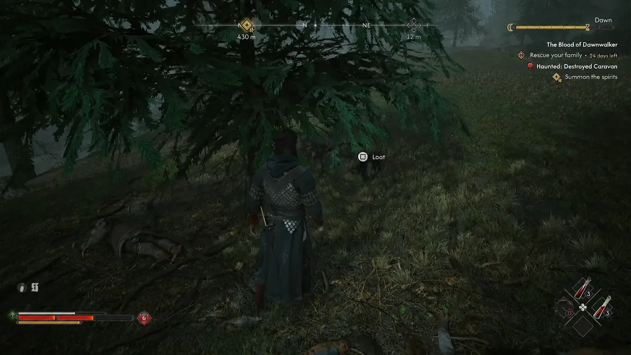 Loot prompt appearing beside a defeated enemy on the ground after a camp fight