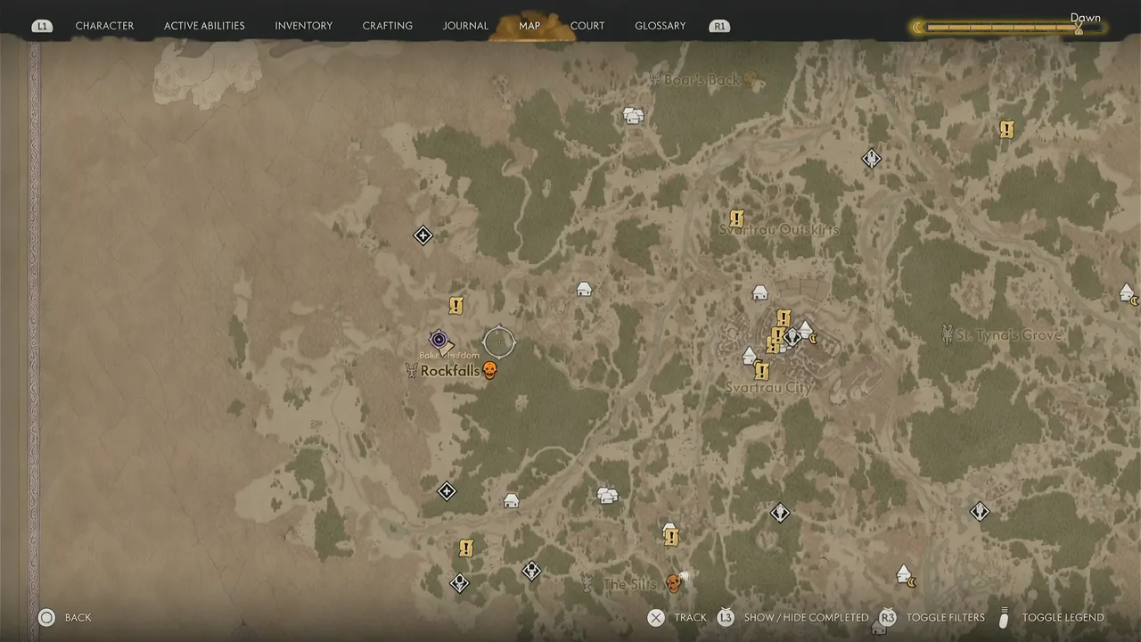 Map screen highlighting the Rockfalls location with the cursor beside it
