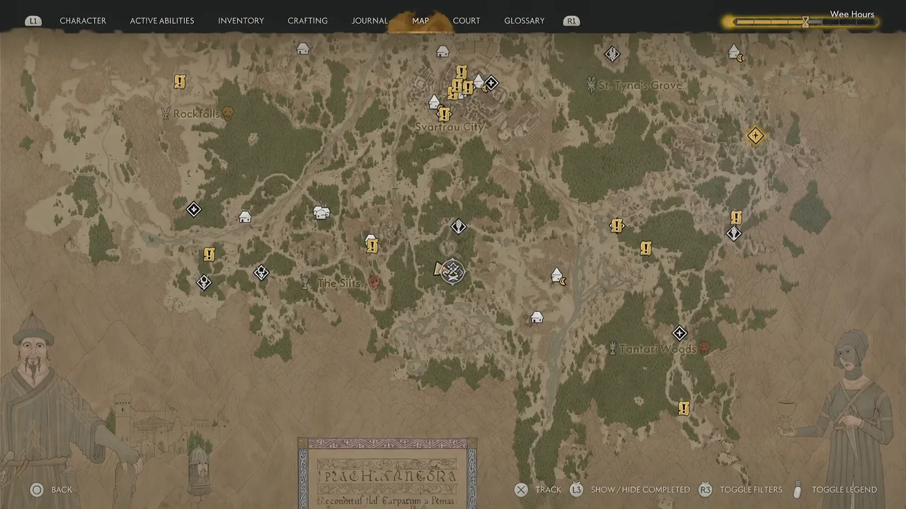 Map screen with a quest marker selected and the Track action shown