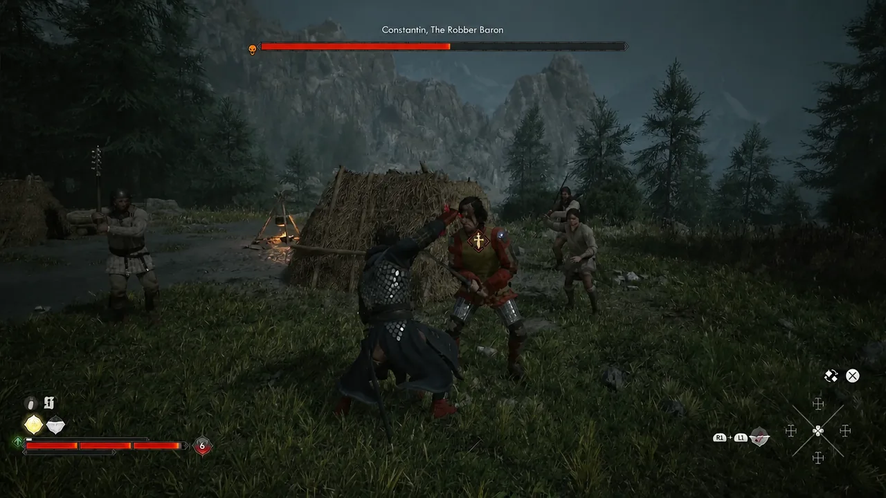 Combat against Constantin, The Robber Baron with his boss health bar and target marker on screen