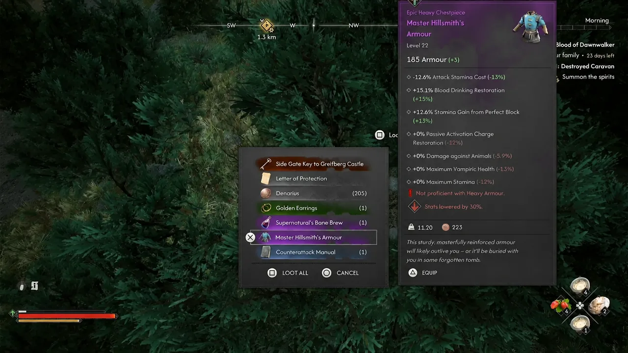 Loot menu with Master Hillsmith's Armour selected and its stats displayed