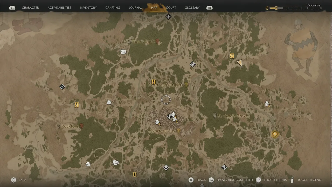 Map screen with the cursor centered above Svartrau City while browsing regional markers