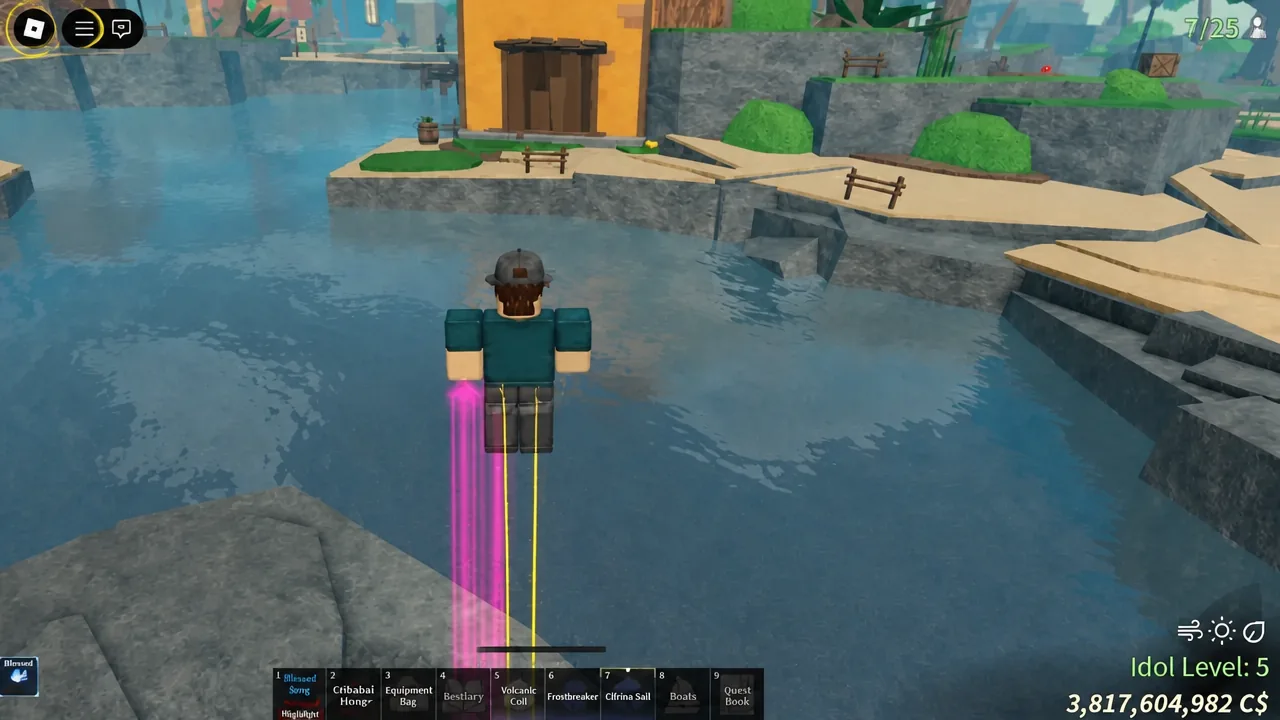 Player flying above the water near Skycrest with a movement item active in the hotbar