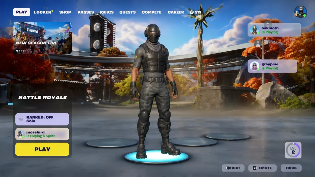 Fortnite Play lobby with the Battle Royale panel and the yellow PLAY button highlighted
