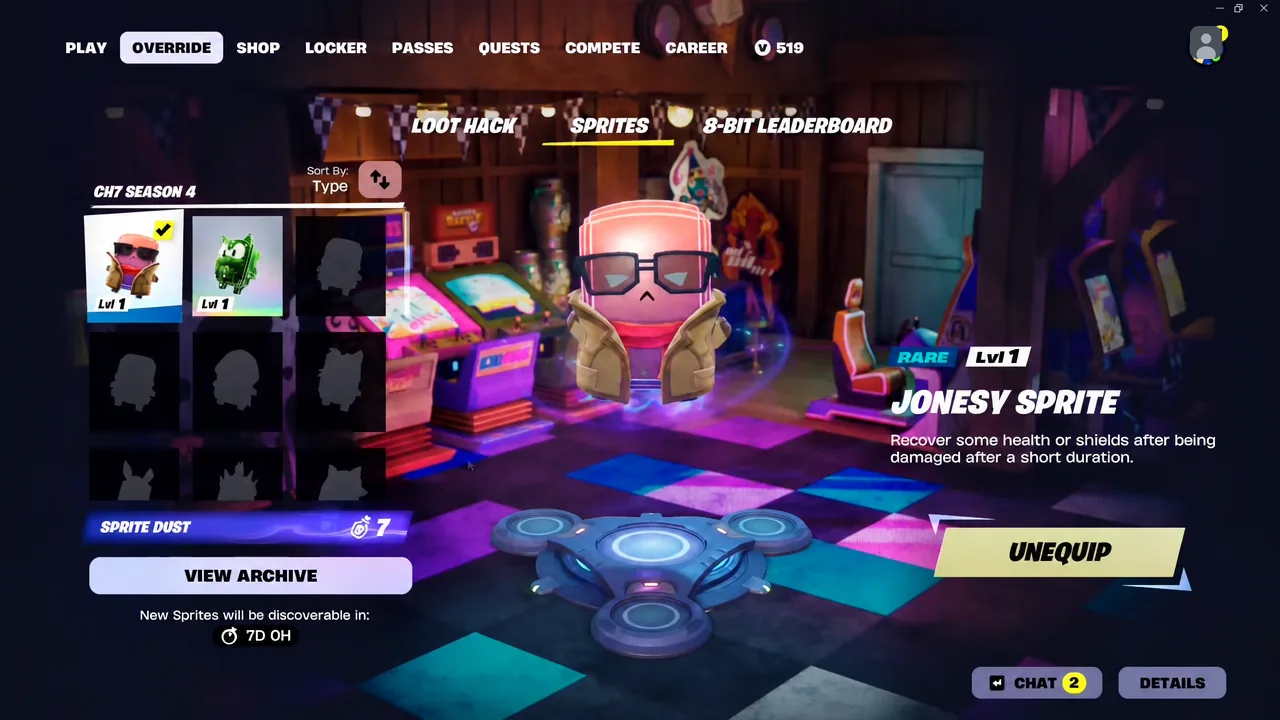 Sprites screen showing the Jonesy Sprite selected with the Unequip button available
