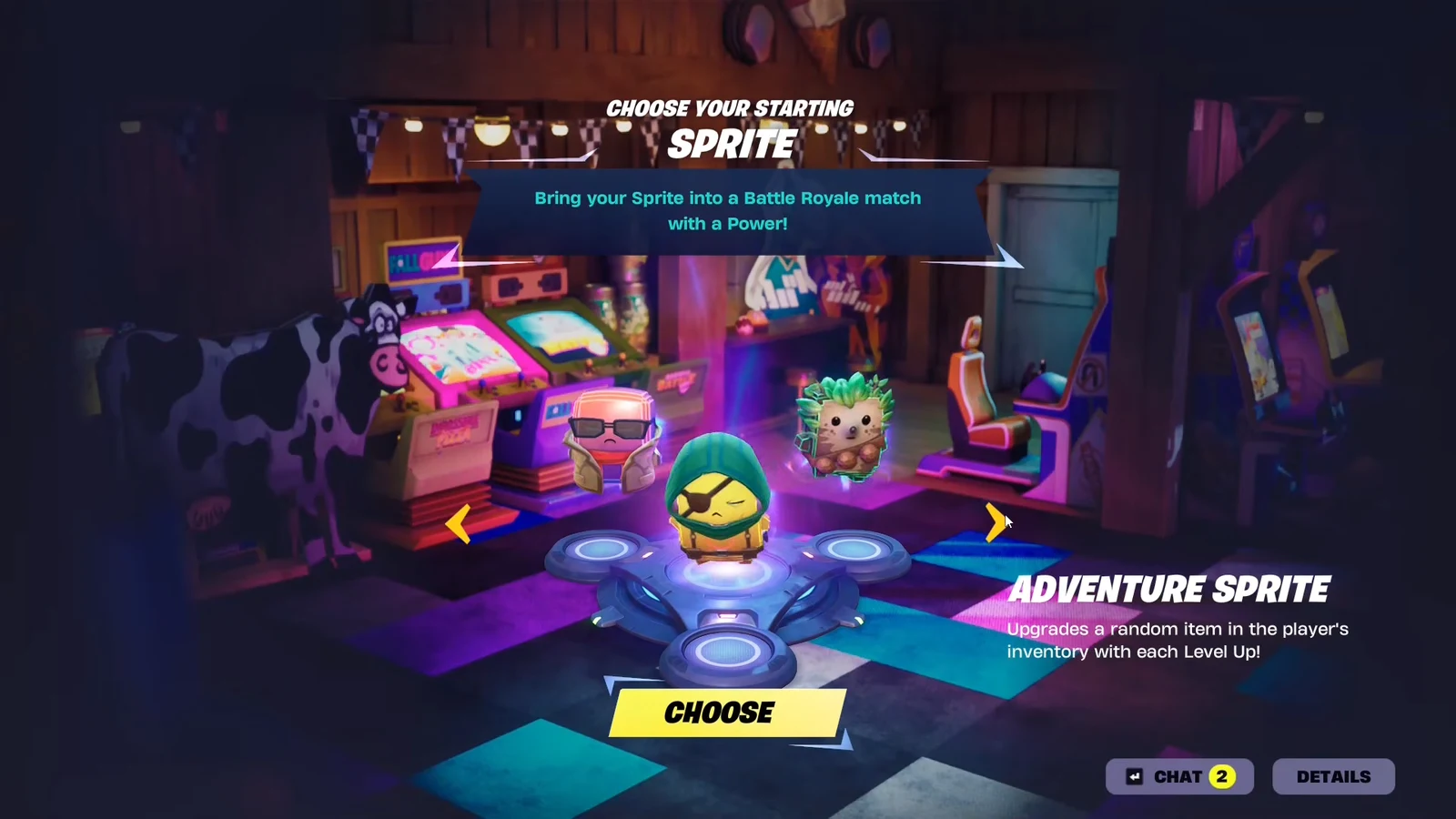 Choose Your Starting Sprite screen with Adventure Sprite highlighted and the CHOOSE button ready