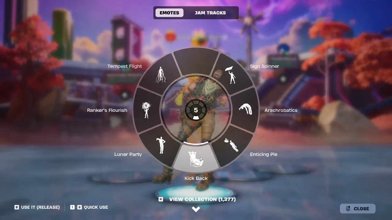 Fortnite Emotes menu with Kick Back highlighted and its preview playing