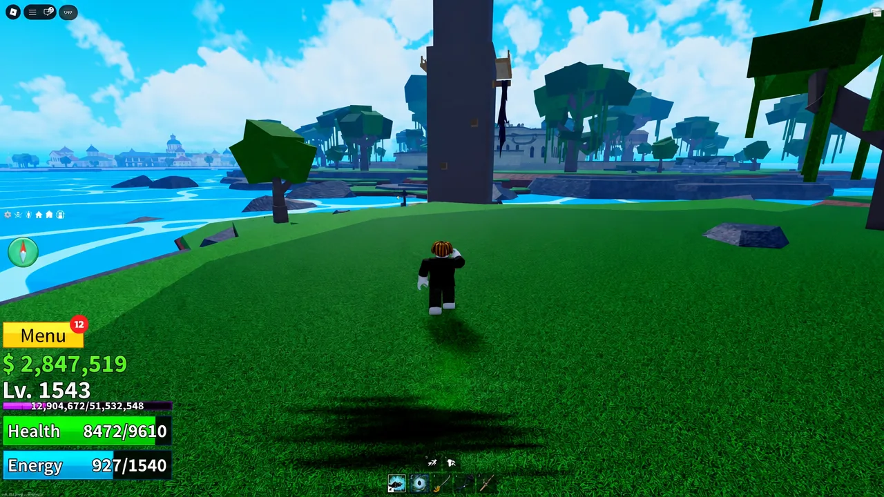 Player character searching the grass at the base of a large jungle tree for the Grappling Hook