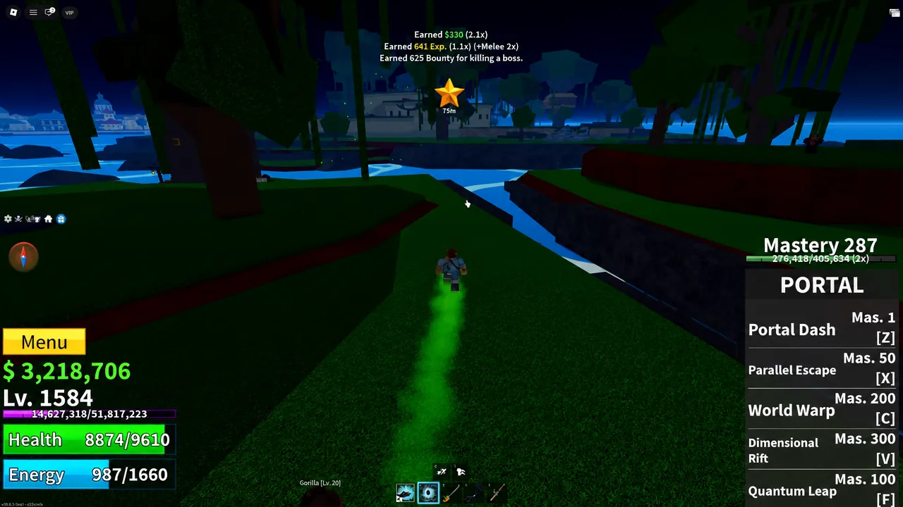 Ability panel open with Portal selected while running back across Jungle Island to the quest giver