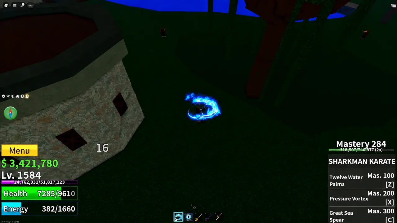 Sharkman Karate move being used against a jungle tree to knock down the hat-wearing monkey