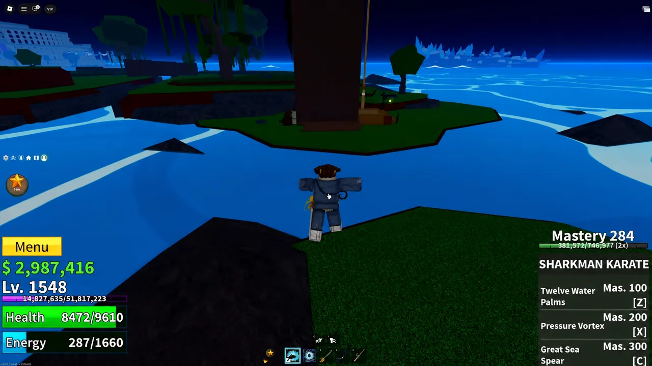 Player travelling across the island with the hotbar and Menu button visible before heading to Middle Town