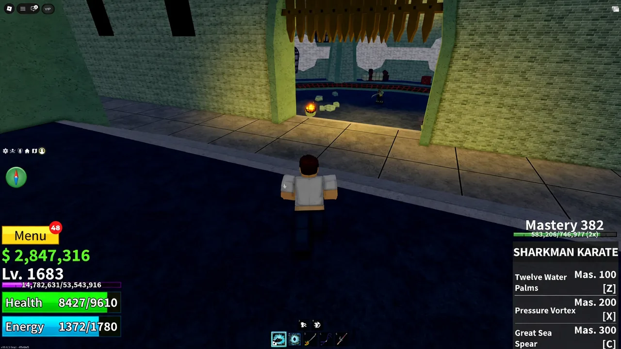 Player with Sharkman Karate equipped approaching the open doorway to the boss chamber