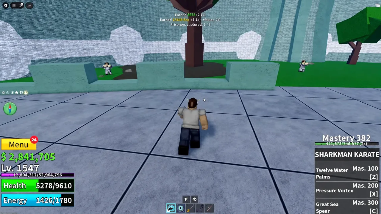 Blox Fruits HUD showing the escaped prisoner counter at 1 out of 3