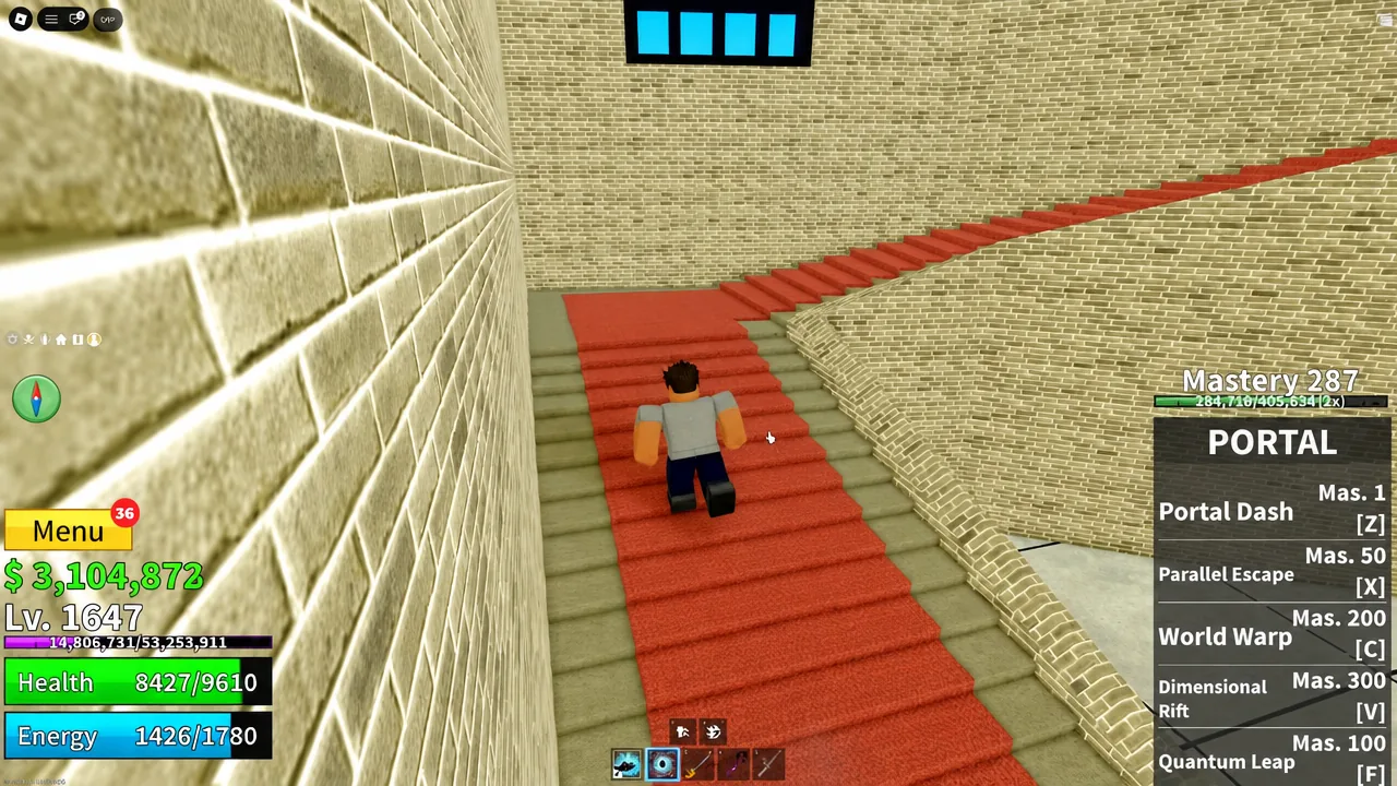 Player climbing the red interior staircase of the prison keep with the ability panel open