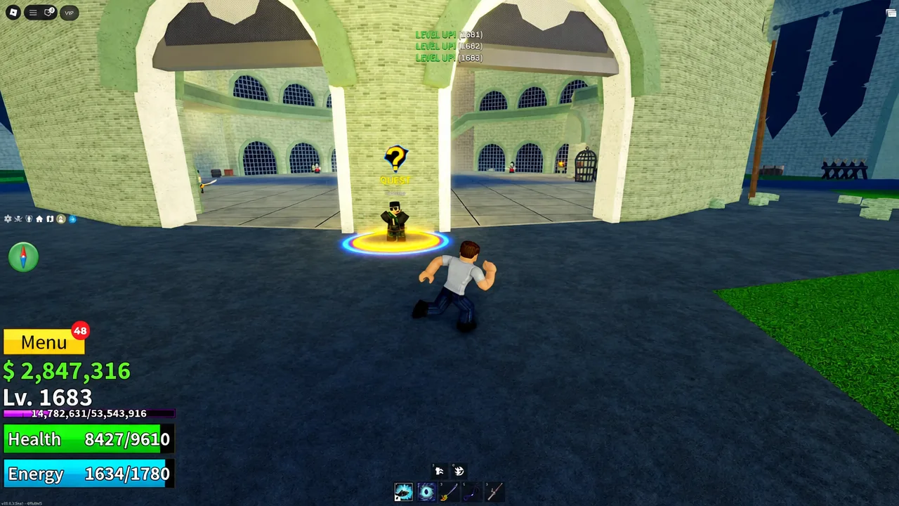 Quest marker highlighted over an NPC at a stone building entrance in Blox Fruits