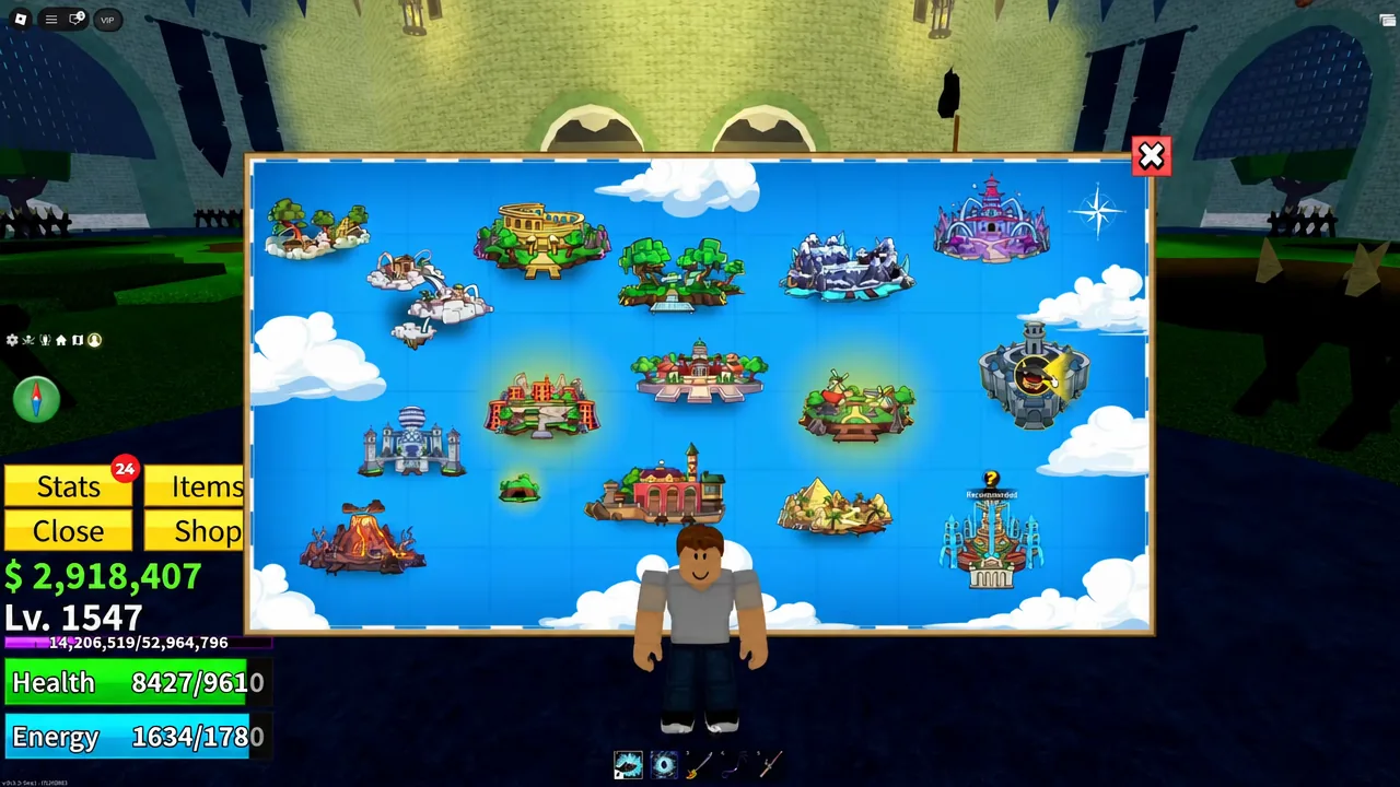 World map open in Blox Fruits with the recommended travel destination highlighted