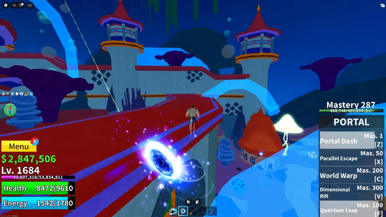 Ability panel with Portal Dash highlighted as the character dashes across the map